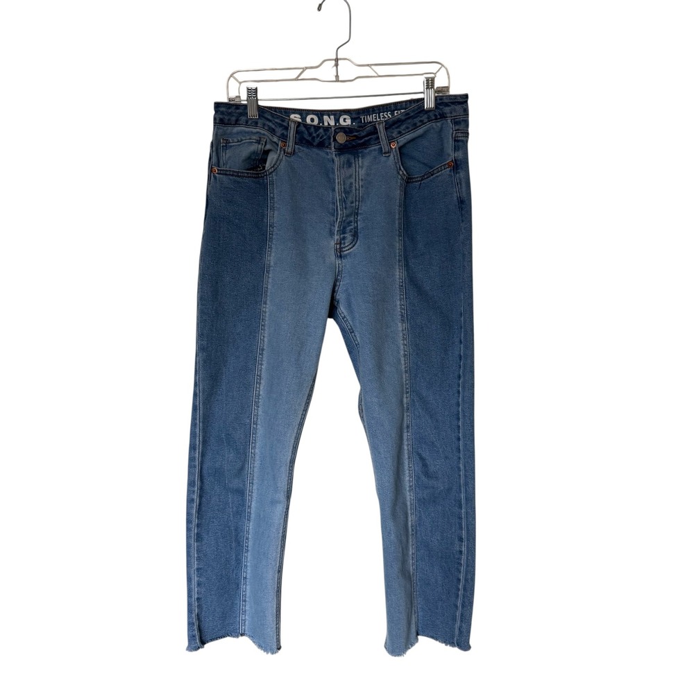 S.O.N.G. Two-Tone Straight Leg Jeans Women‎ 11/30 Blue Excellent Raw Hem Paneled
